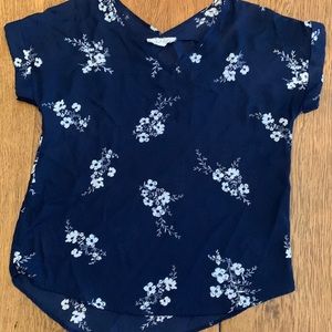 Navy blue, floral blouse, Pink Rose, size medium
